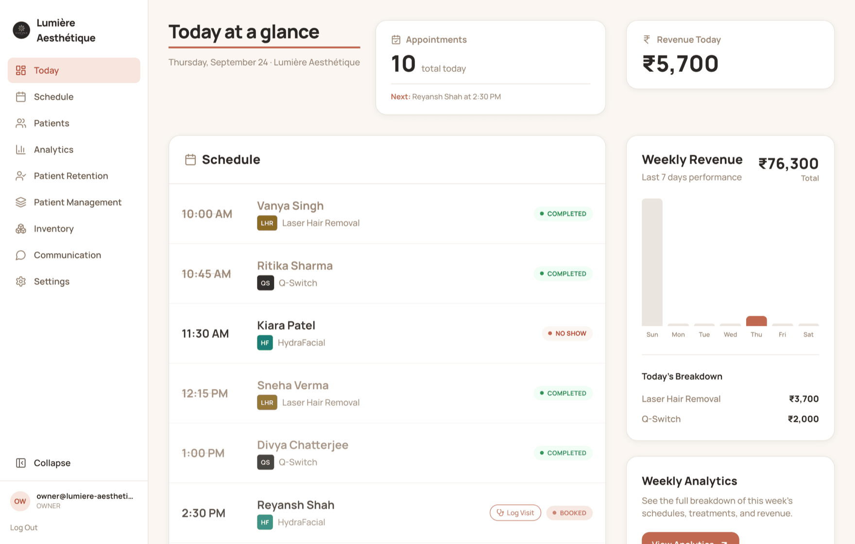 Lumière by Radiance dashboard on a laptop: today's schedule with completed and booked appointments, revenue for the day, and weekly performance