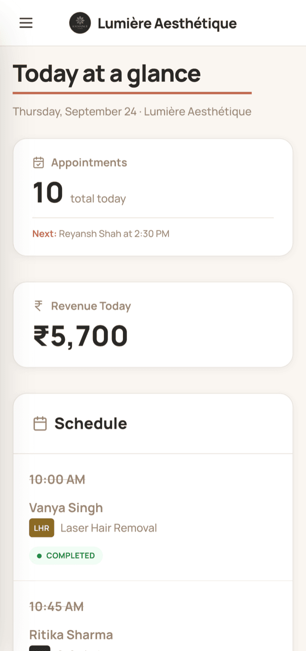 Lumière by Radiance dashboard on a phone showing today's appointments and revenue