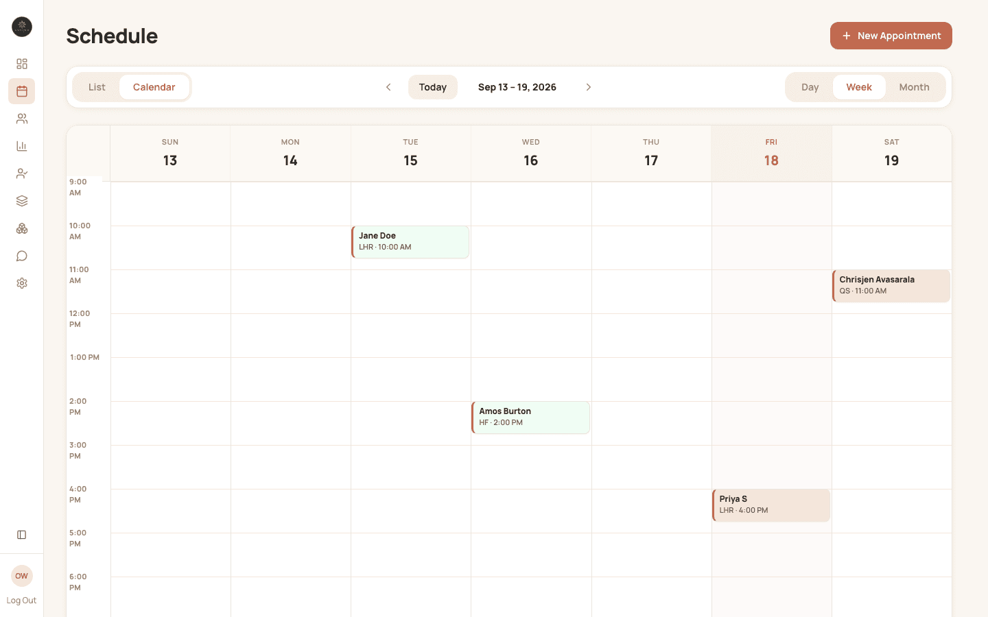 Lumière by Radiance weekly schedule showing appointments for Jane Doe, Amos Burton, Priya S, and Chrisjen Avasarala